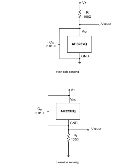 Schéma du circuit d'application - Diodes Incorporated Commutateurs unipolaires/à verrouillage à effet Hall deux fils AH32x